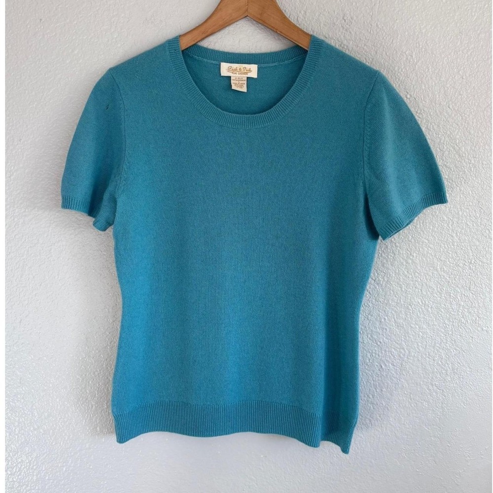 Vintage Peck and Peck Pure Cashmere Short Sleeve Knit Crewneck Sweater Teal M - Picture 3 of 9